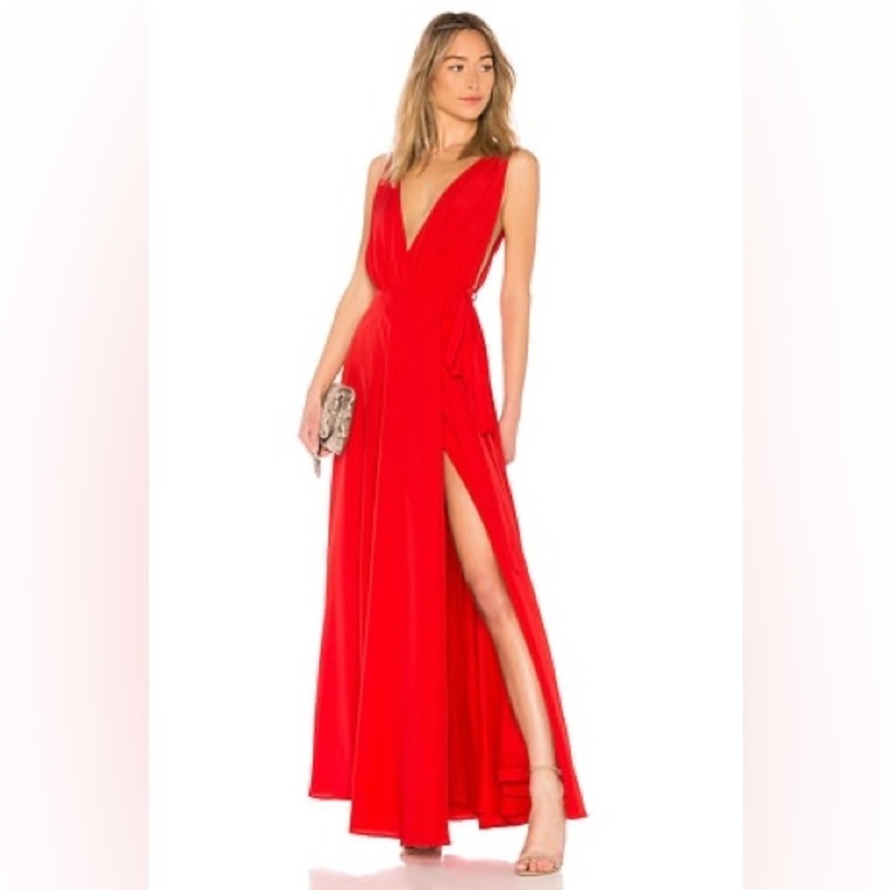 NWT women’s LOVERS AND FRIENDS x REVOLVE red rose Wrap Leah Gown dress size 6